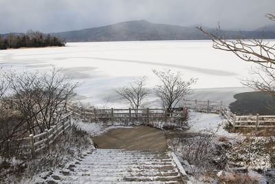 Scenic view of lake against sky during winter