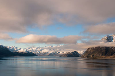 Scenic view of lake with mountains in background