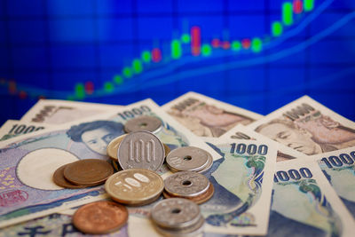 Close-up of coins on table