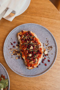 High angle view of breakfast served on table