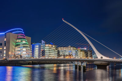 The dockland area with the samuel beckett bridge in dublin, ireland, at night
