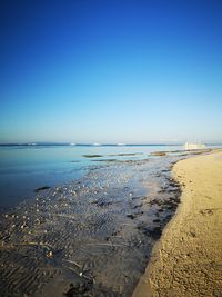 Scenic view of beach against clear blue sky