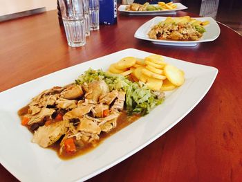 High angle view of food in plate on table