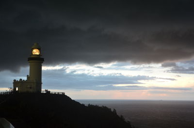 Lighthouse at seaside during sunset