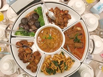 High angle view of food served on table