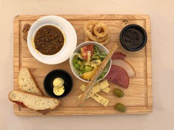 High angle view of breakfast on table