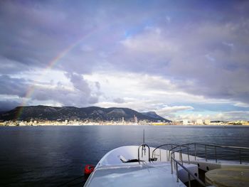 Scenic view of rainbow over sea against sky