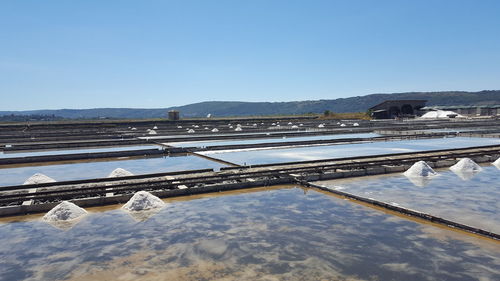 Calm sea against clear blue sky