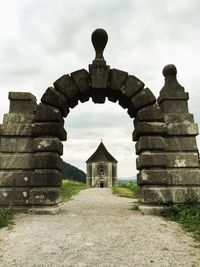 View of historic building on field against sky