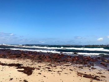 Scenic view of beach against blue sky