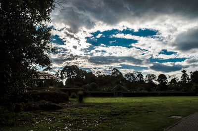 Scenic view of grassy field against cloudy sky