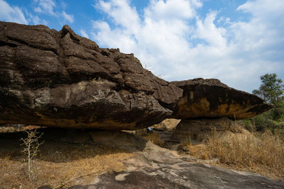 Low angle view of rock formations against sky