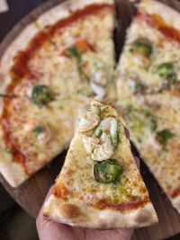 High angle view of pizza on table