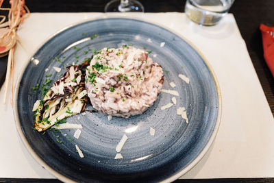 High angle view of food in plate on table