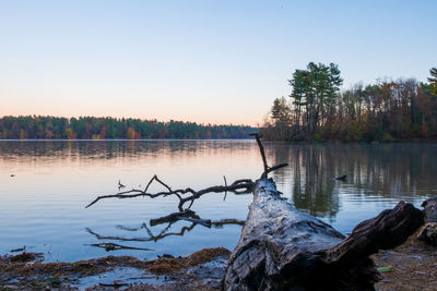 Scenic view of lake against clear sky during sunset