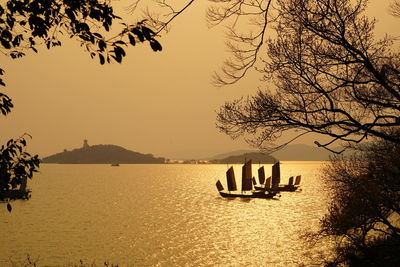 Sailboats sailing on river against clear sky during sunset