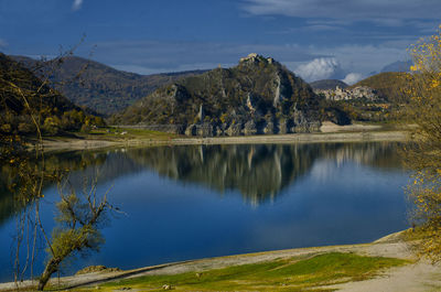 Scenic view of lake and mountains against sky