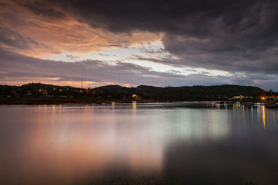 Scenic view of lake against sky at sunset