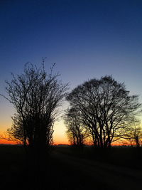Silhouette bare trees on field against clear sky at sunset