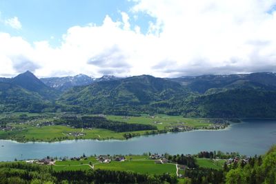 Scenic view of mountains against cloudy sky