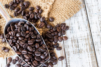 High angle view of coffee beans on table