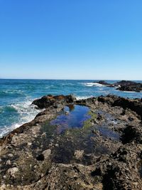 Scenic view of sea against clear blue sky