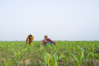 People on field against clear sky