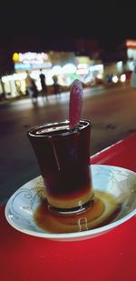 Close-up of beer in glass on table at restaurant