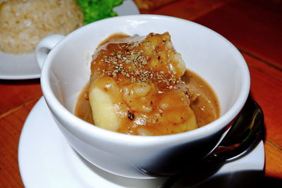 High angle view of soup in bowl on table