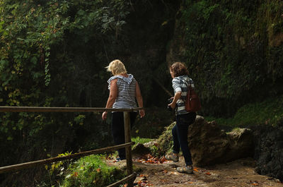 Rear view of friends standing in forest