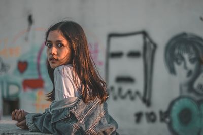 Beautiful young woman looking away against wall