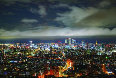 High angle view of illuminated buildings at night