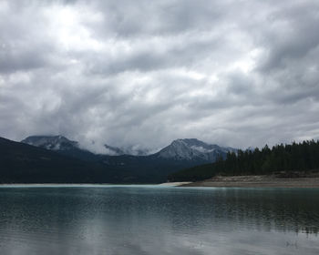 Scenic view of lake and mountains against sky