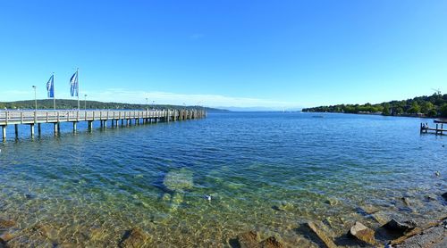 Scenic view of sea against clear blue sky