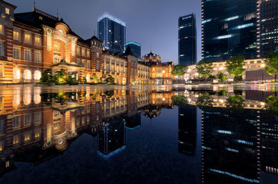 Reflection of illuminated architecture of tokyo station in water at night