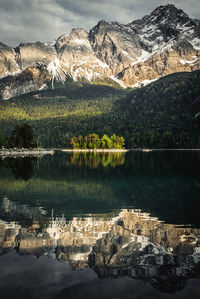 Scenic view of lake by mountains against sky