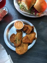 High angle view of food served on table