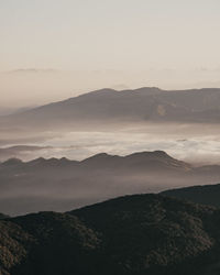 Scenic view of mountains against sky during sunset