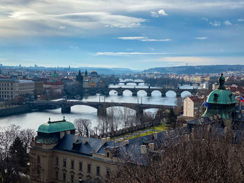 High angle view of bridge over river against buildings in city