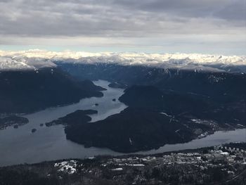 Aerial view of sea and mountains against sky