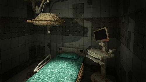 Horror and creepy abandoned operating room in the hospital .3d rendering