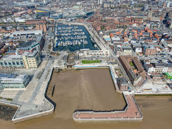 Drone view of sunrise at the marina in hull, east yorkshire, uk