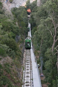 High angle view of train on tracks amidst trees