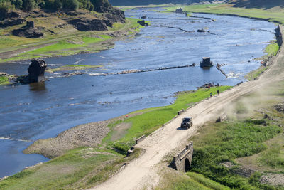 High angle view of road by sea