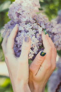 Close up female hand and lilac branch concept photo