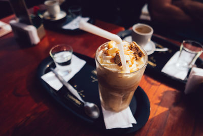 High angle view of coffee served on table