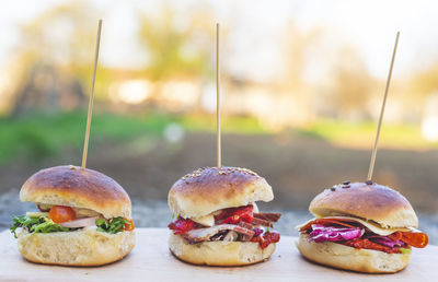 Close-up of burger on table