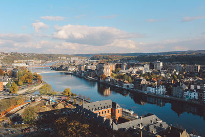 High angle view of city at waterfront