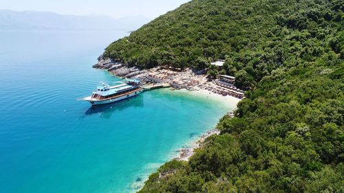 High angle view of ship in sea