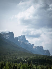 Mountain range with puffy clouds above it, portrait shot made in canmore, alberta, canada